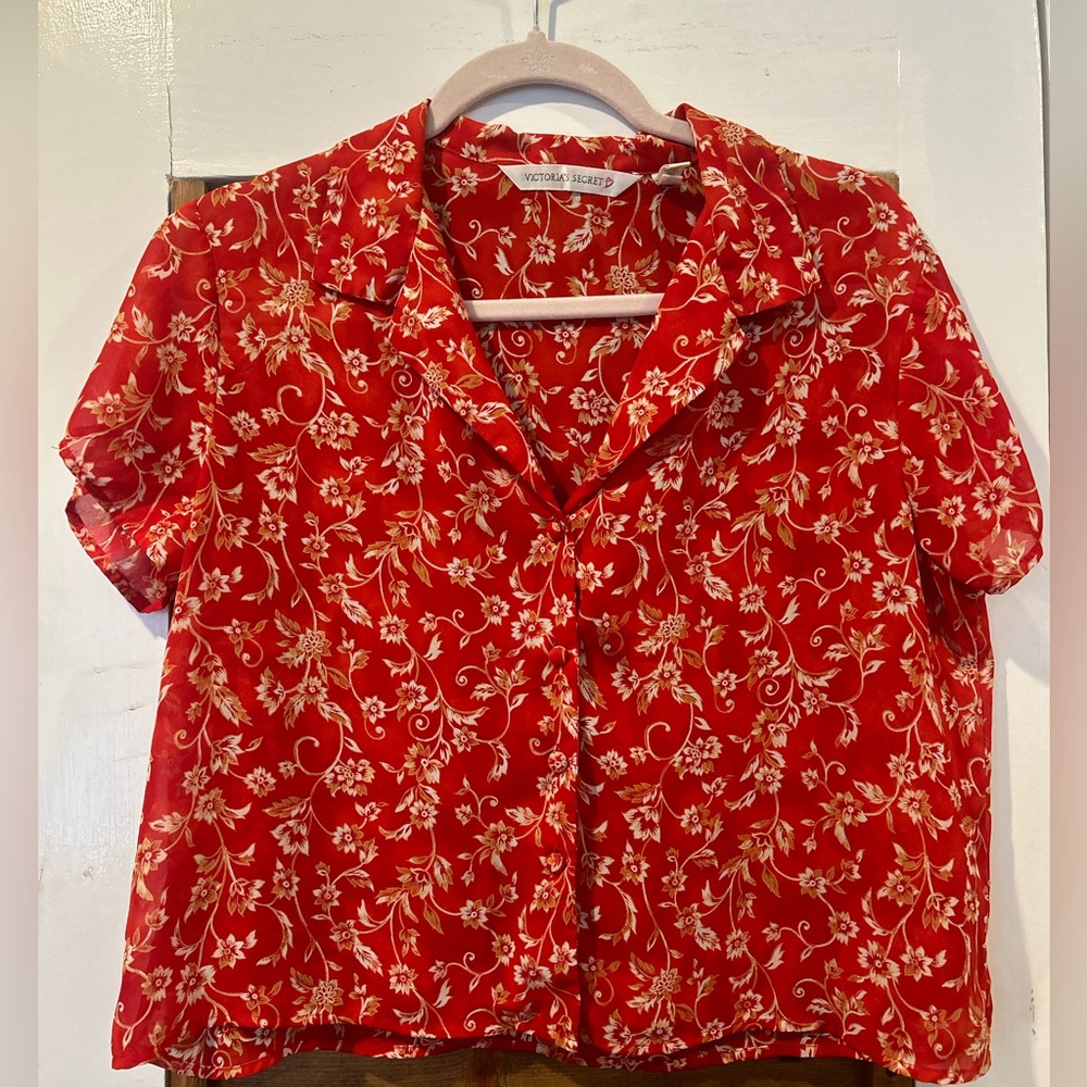 Vintage 90sVictoria's Secret Sheer Floral Red Short Sleeve Button Down Shirt
